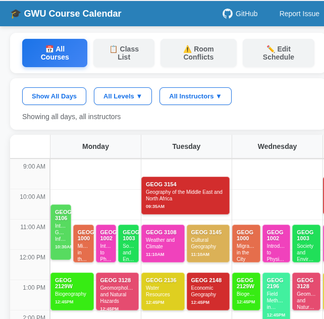 GWU Course Calendar screenshot showing weekly view with color-coded courses