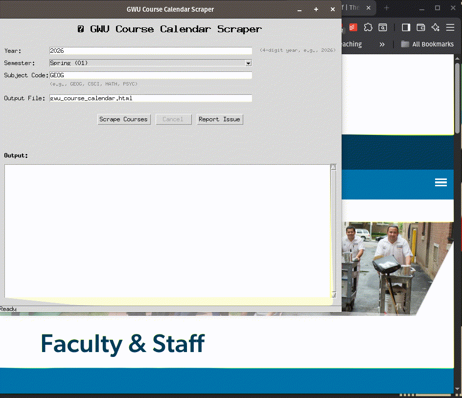 Demo showing the GWU Course Calendar scraper in action